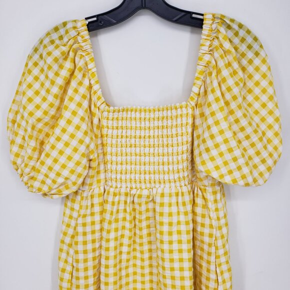3/$25 Old Navy Gingham Plaid Mini Babydoll Dress XS Short Puff Sleeves Yellow - Picture 7 of 9
